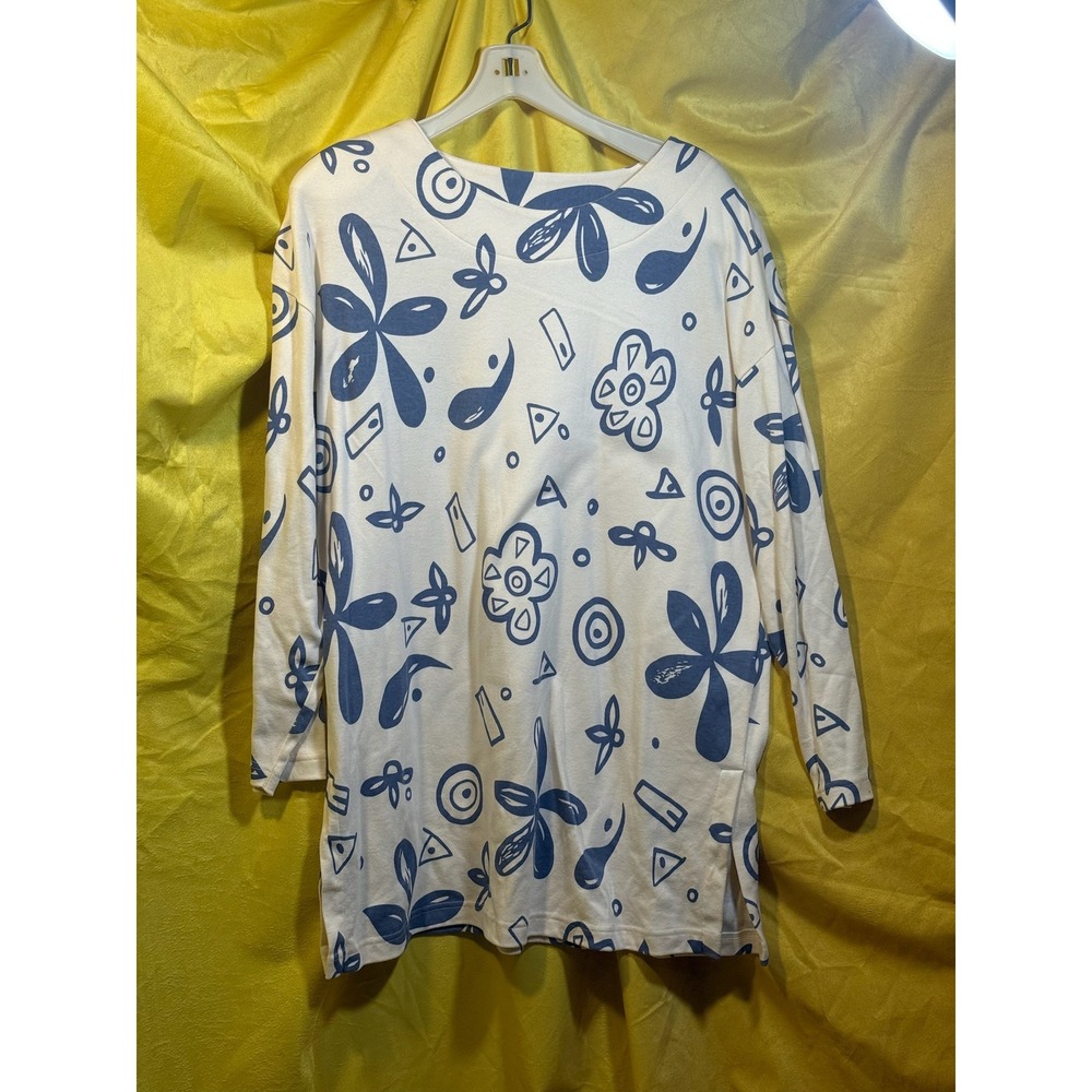 Apart Vintage Women Blue Abstract Floral Cotton Long Sleeve Tunic Top Large